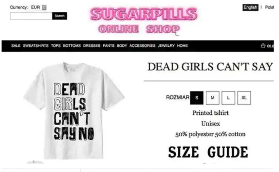 Screenshot of the product page on Sugarpills featuring a white t-shirt with a graphic that says Dead Girls Can't Say No.